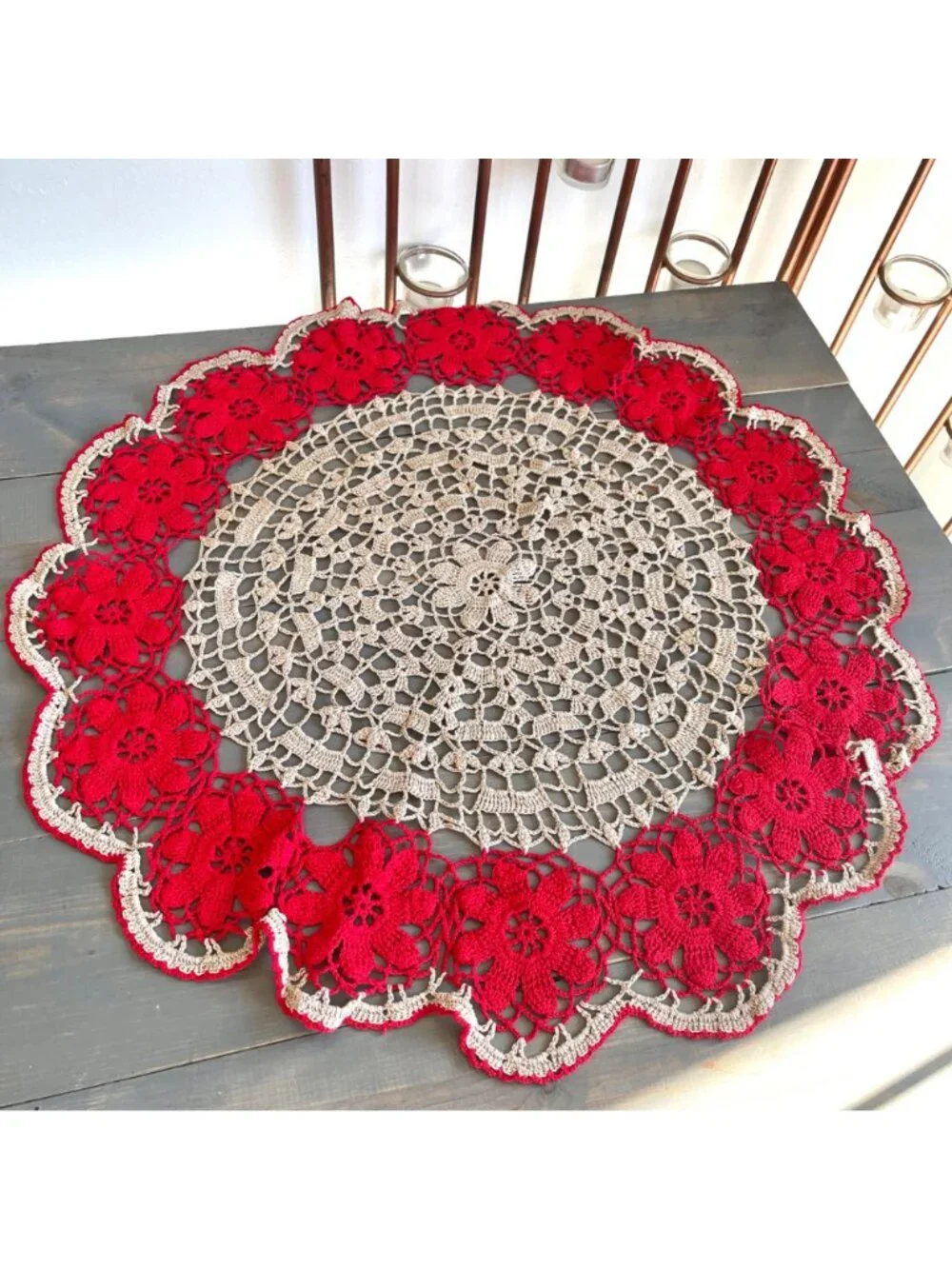 Vintage Handmade Round White and Red Cotton Crochet Lace Doily